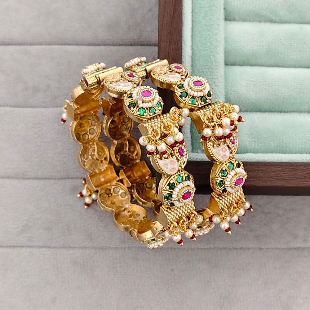 Rajwadi Collection Premium Pota Stone And Pearl Meenakari Openable Bangles Set