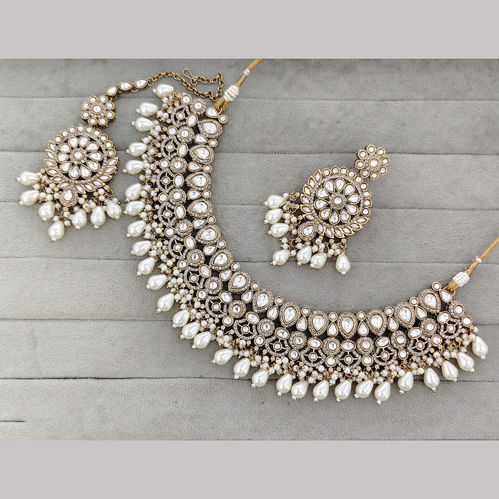 Rajwadi Collection Premium Pota Stone And Pearl Necklace Set