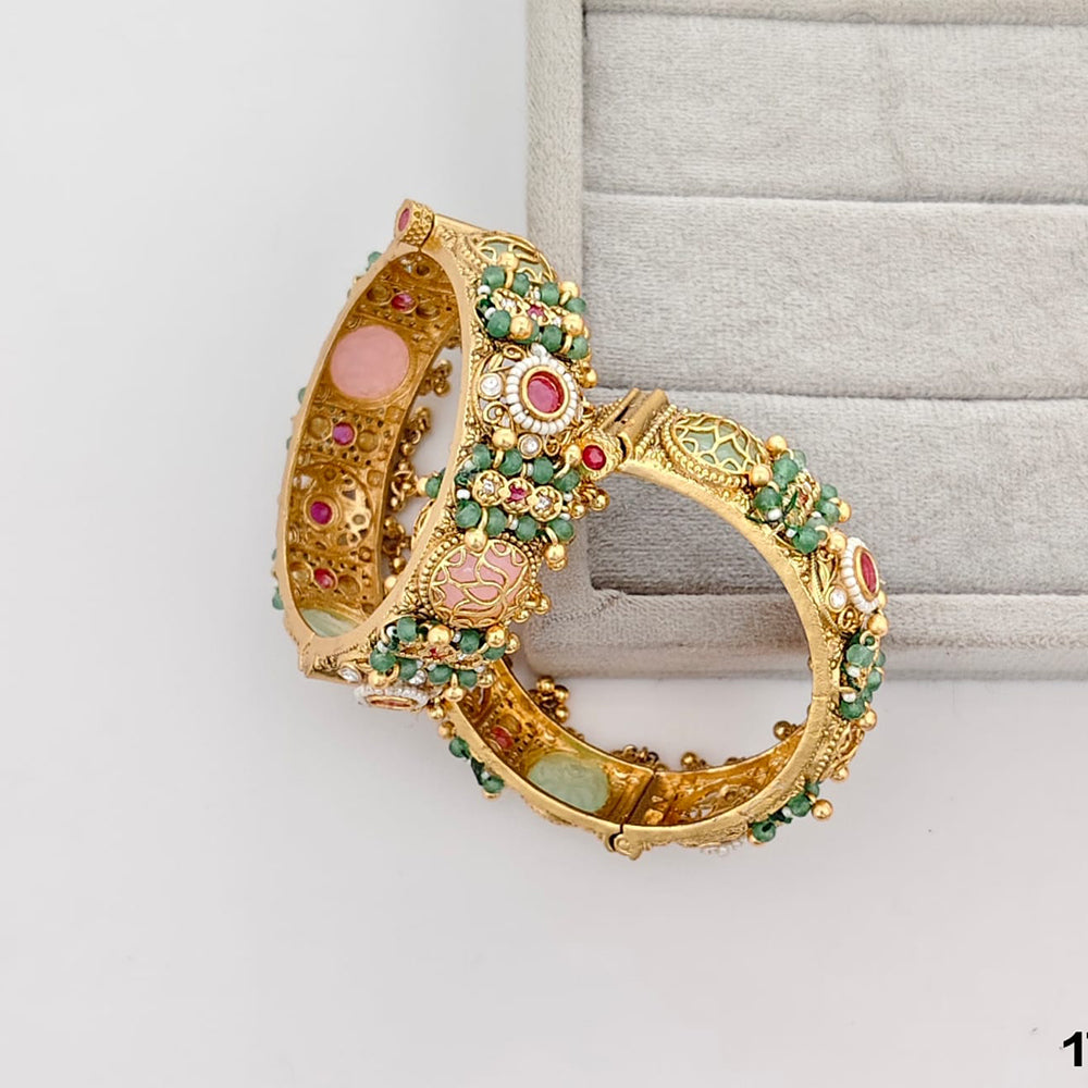 Rajwadi Collection Premium Pota Stone And Pearl Openable Bangles Set