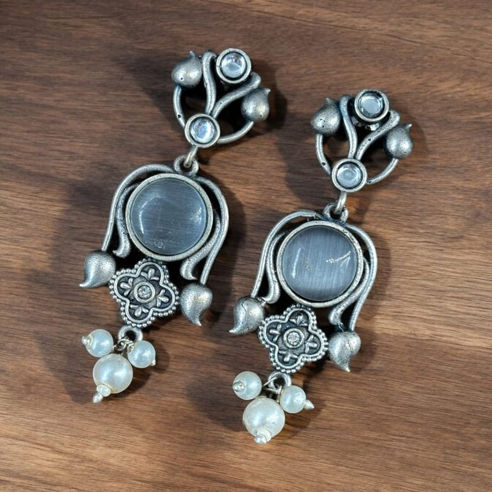Maharani Jewels Oxidised Plated Pota Stone And Pearl Dangler Earrings