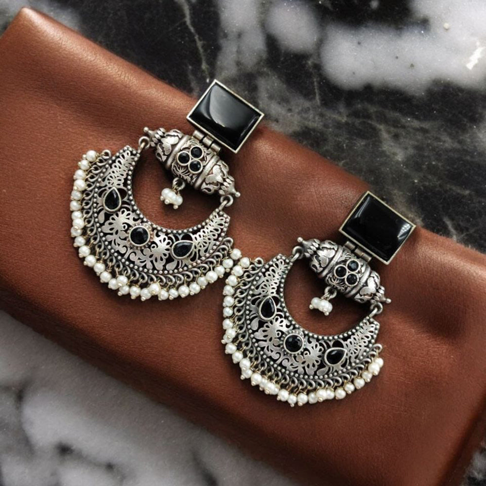 Maharani Jewels Oxidised Plated Pota Stone And Pearl Dangler Earrings