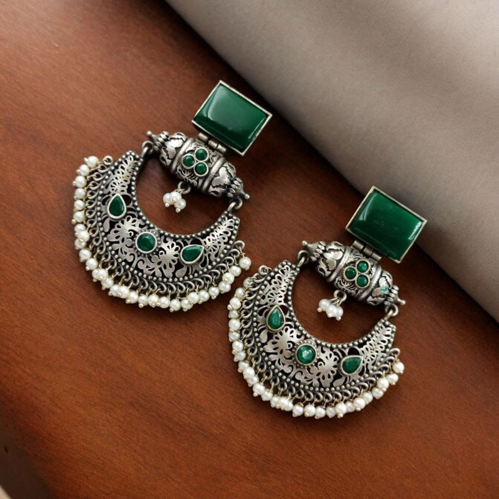 Maharani Jewels Oxidised Plated Pota Stone And Pearl Dangler Earrings