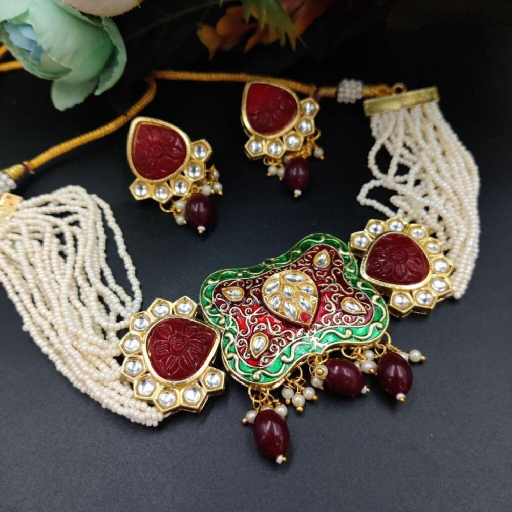 Maharani Jewels Gold Plated Kundan Stone And Pearl Meenakari Choker Necklace Set