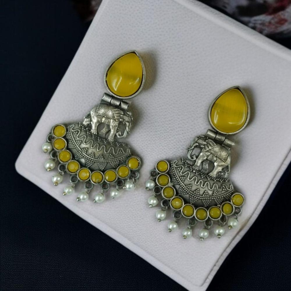 Maharani Jewels Oxidised Plated with Radiant Pota Stones and Elegant Pearls Dangler Earrings