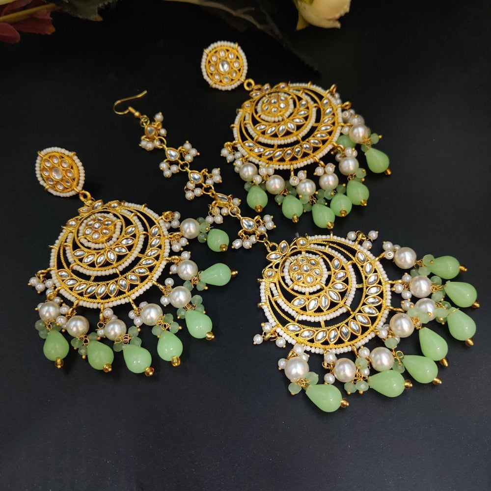 Maharani Jewels Traditional Kundan Pearl And Beads Dangler Earrings With Maangtikka