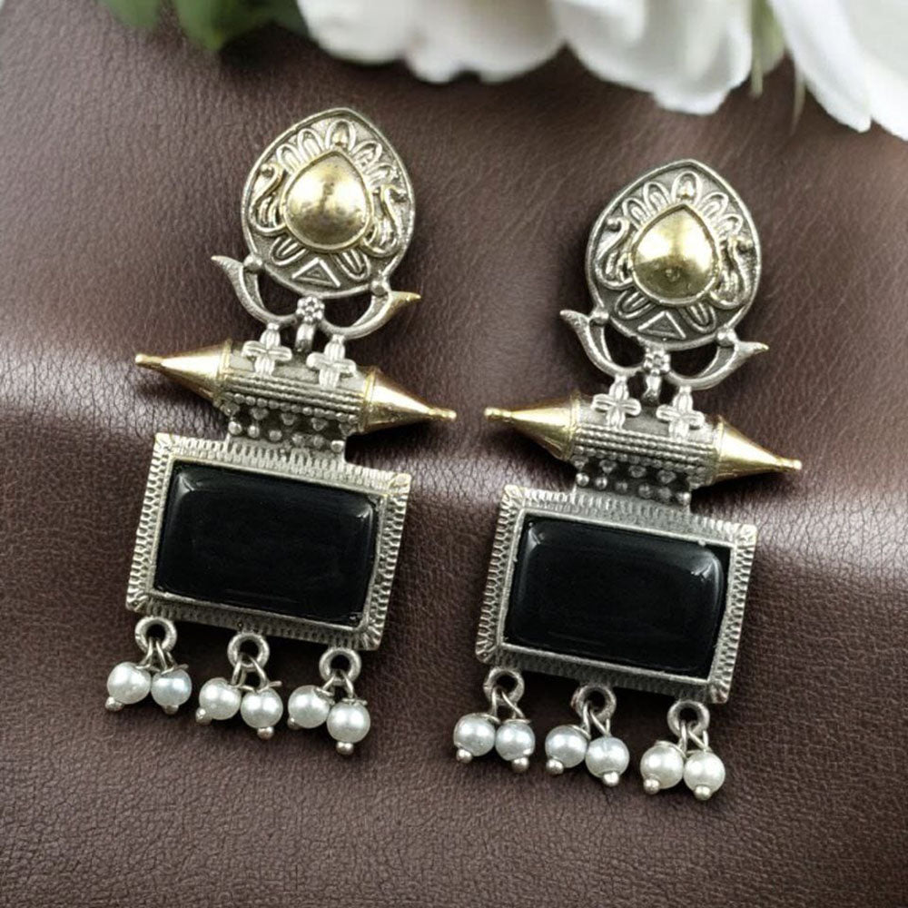 Maharani Jewels Regal Finish 2-Tone Plated Pota Stone And Pearl Dangler Earrings