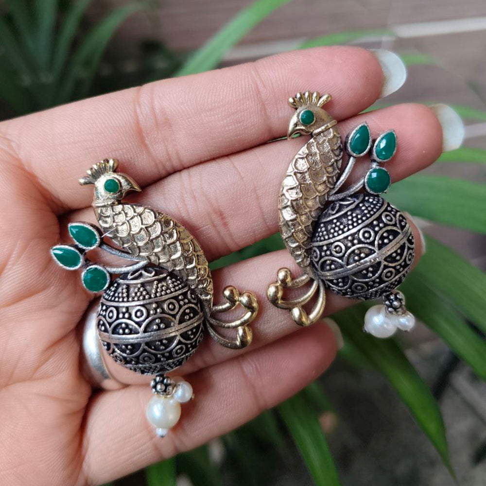 Maharani Jewels Inspired Oxidised Plated Pota And Pearl Detailing Peacock Dangler Earrings