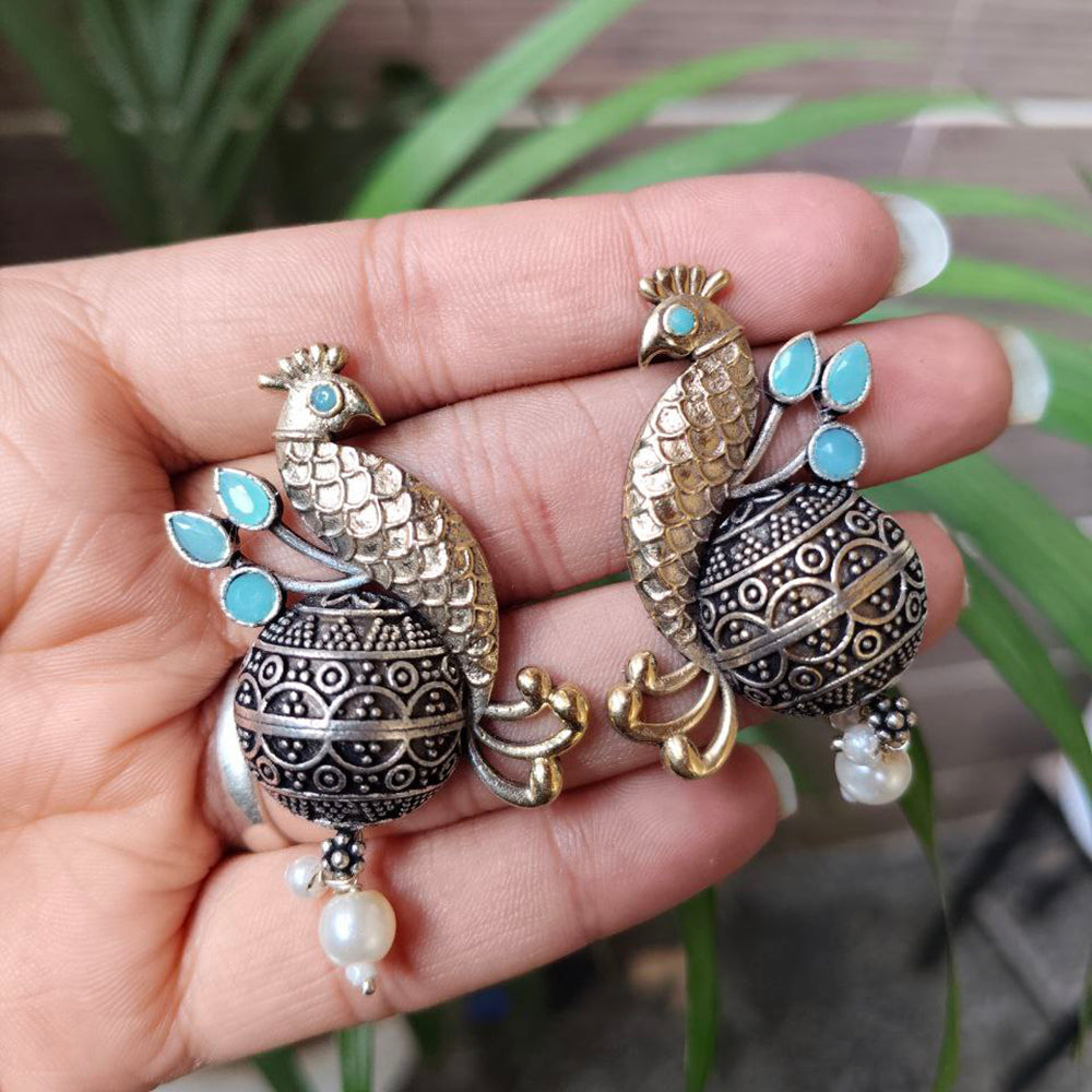 Maharani Jewels Inspired Oxidised Plated Pota And Pearl Detailing Peacock Dangler Earrings