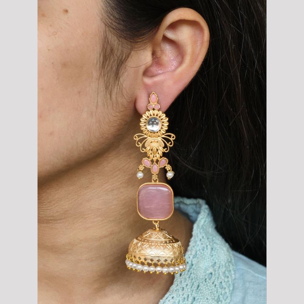 Maharani Jewels Inspired Gold Plated Pota Stone And Pearl Jhumki Earrings