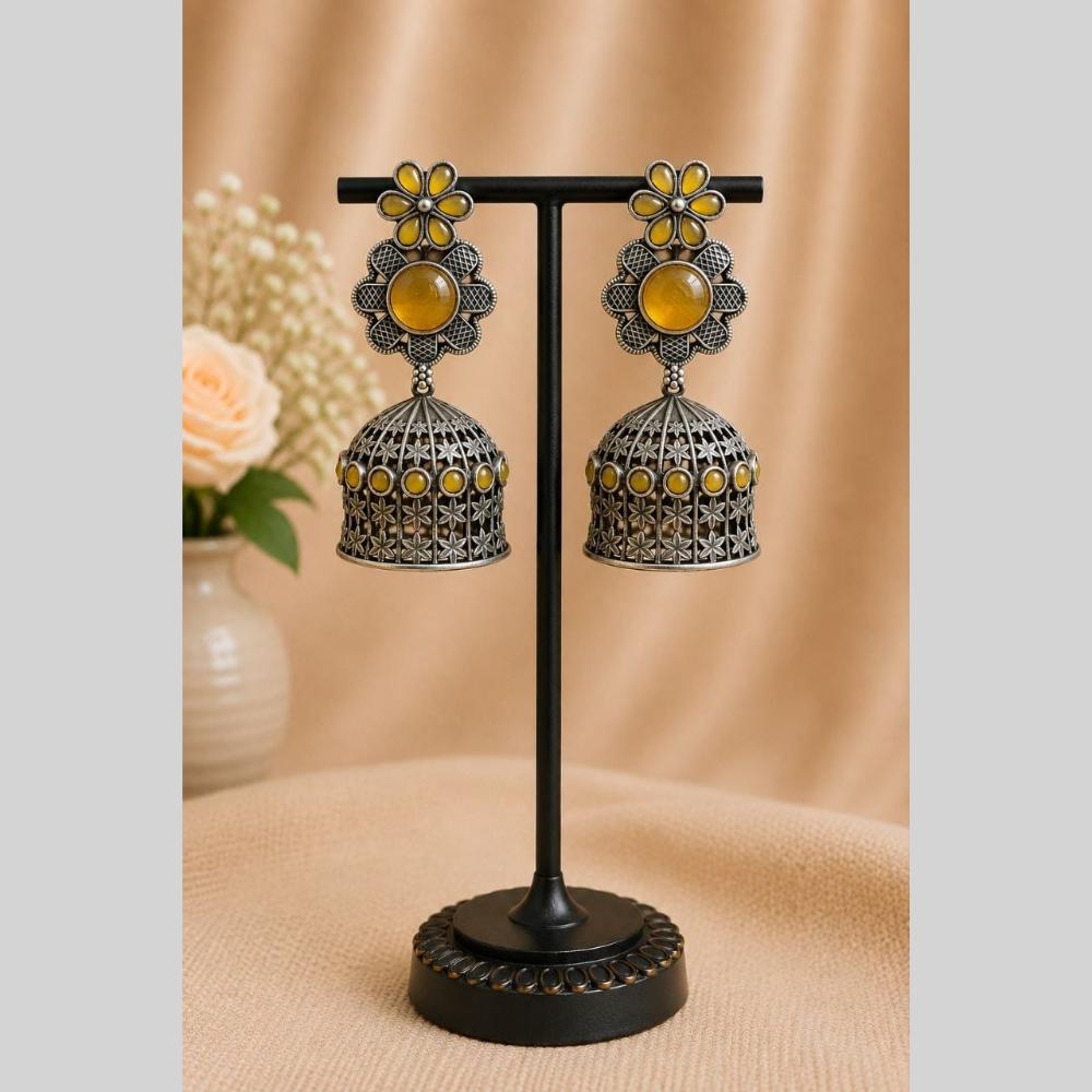 Maharani Jewels Inspired Oxidised Plated Pota Stone Jhumki Earrings