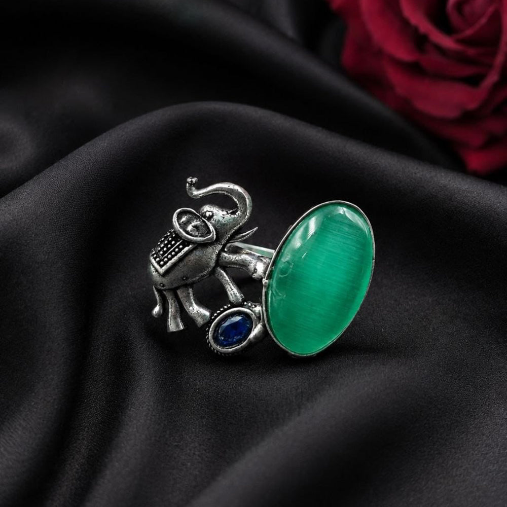 Maharani Jewels Oxidised Elephant Pota Stone Statement Ring