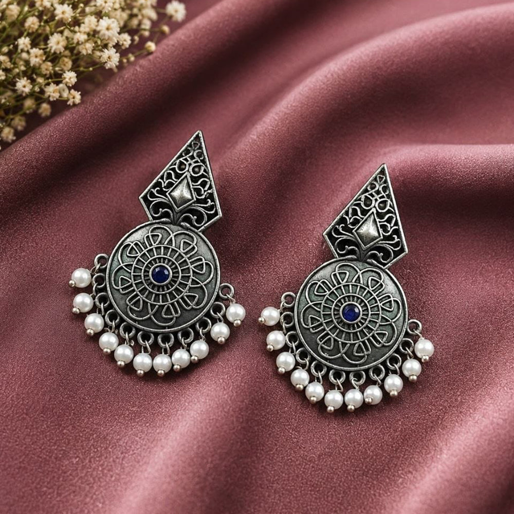 Maharani Jewels Inspired Oxidised Plated Pota Stone And Pearl Dangler Earrings