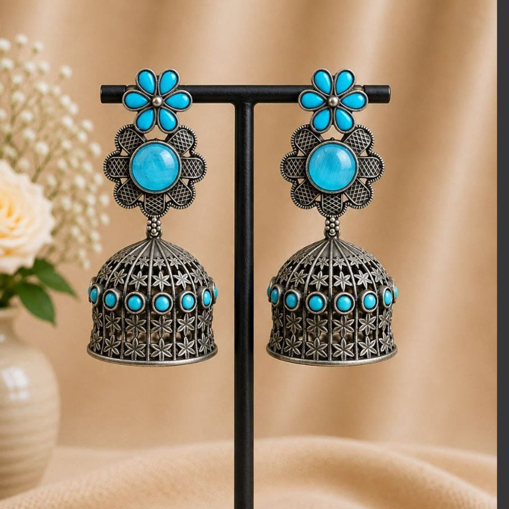 Maharani Jewels Inspired Oxidised Plated Pota Stone Jhumki Earrings