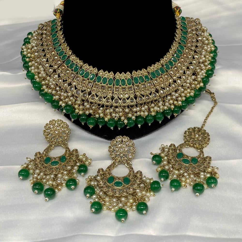 Royal Kundan Jewellery Gold Plated Crystal Stone And Beads Necklace Set