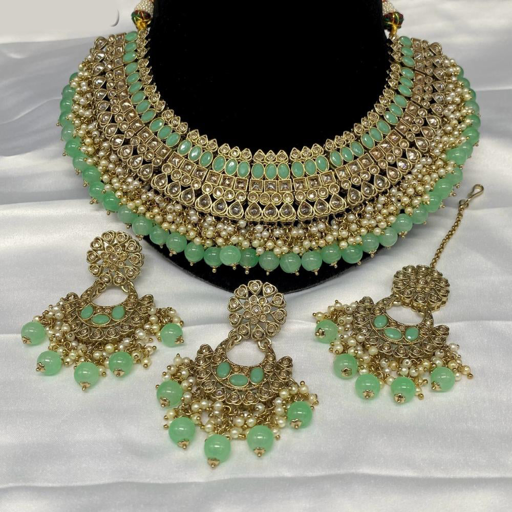 Royal Kundan Jewellery Gold Plated Crystal Stone And Beads Necklace Set