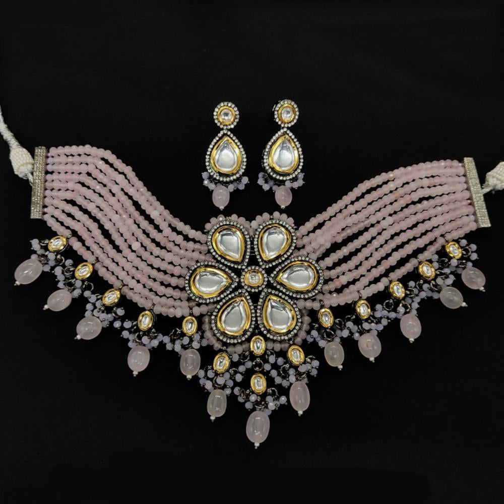 Royal Kundan Jewellery 2 Tone Plated Kundan Stone And Beads Choker Necklace Set