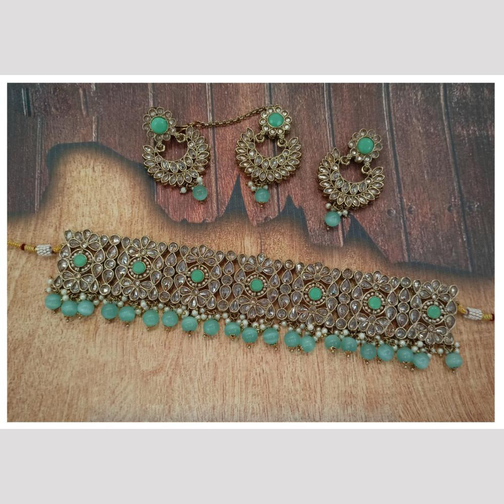Royal Kundan Jewellery Gold Plated Crystal Stone And Beads Choker Necklace Set