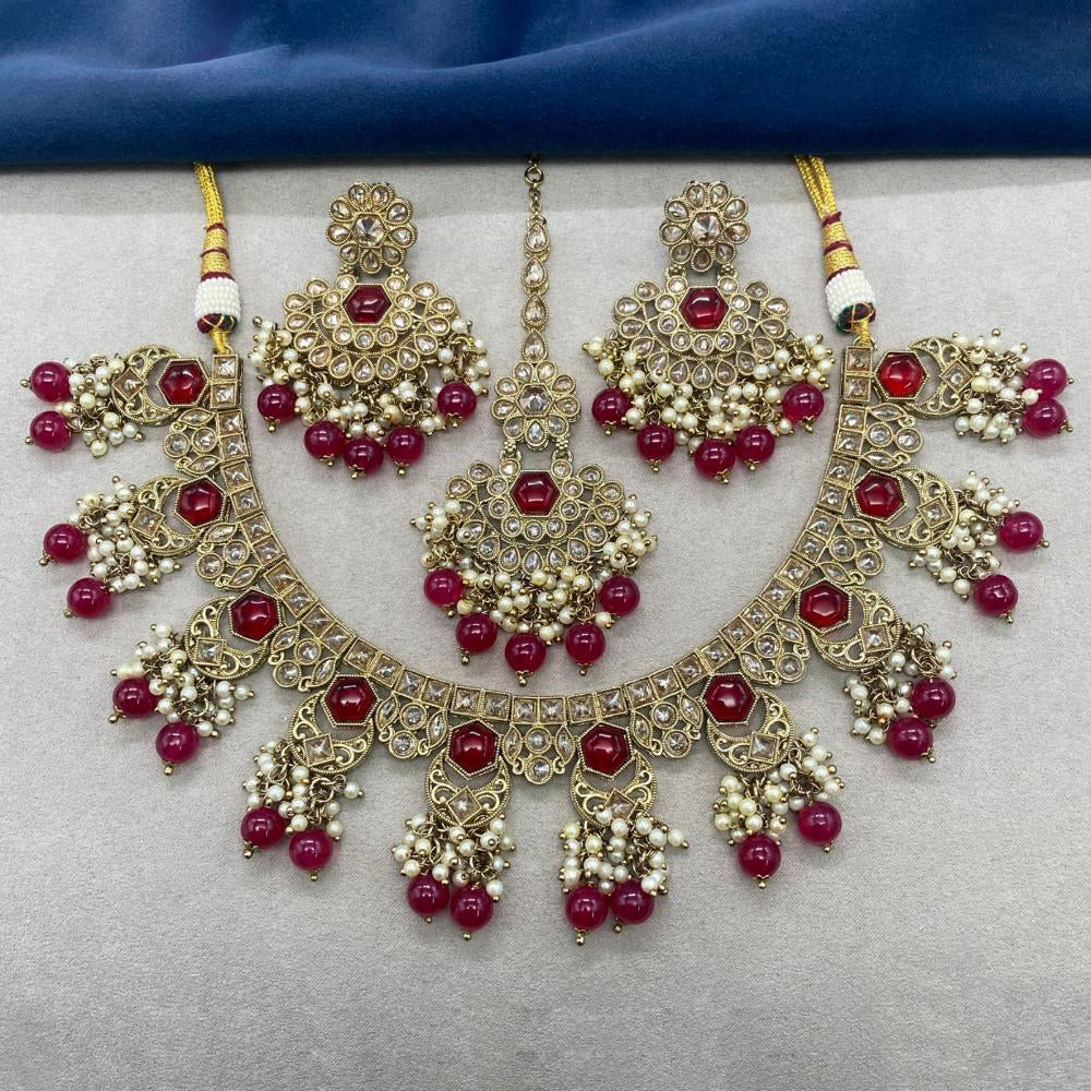 Royal Kundan Jewellery Gold Plated Crystal Stone And Beads Necklace Set