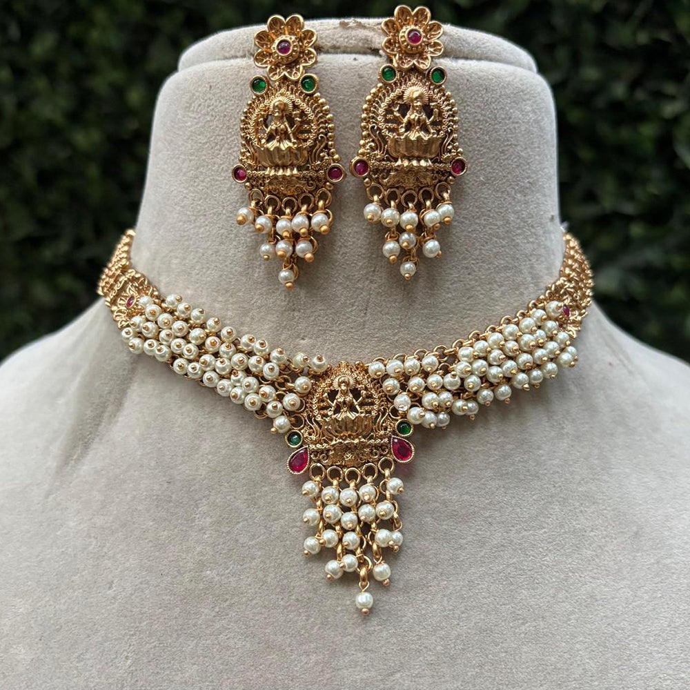 Royal Kundan Jewellery Gold Plated Temple Necklace Set with Pota Stones & Pearls