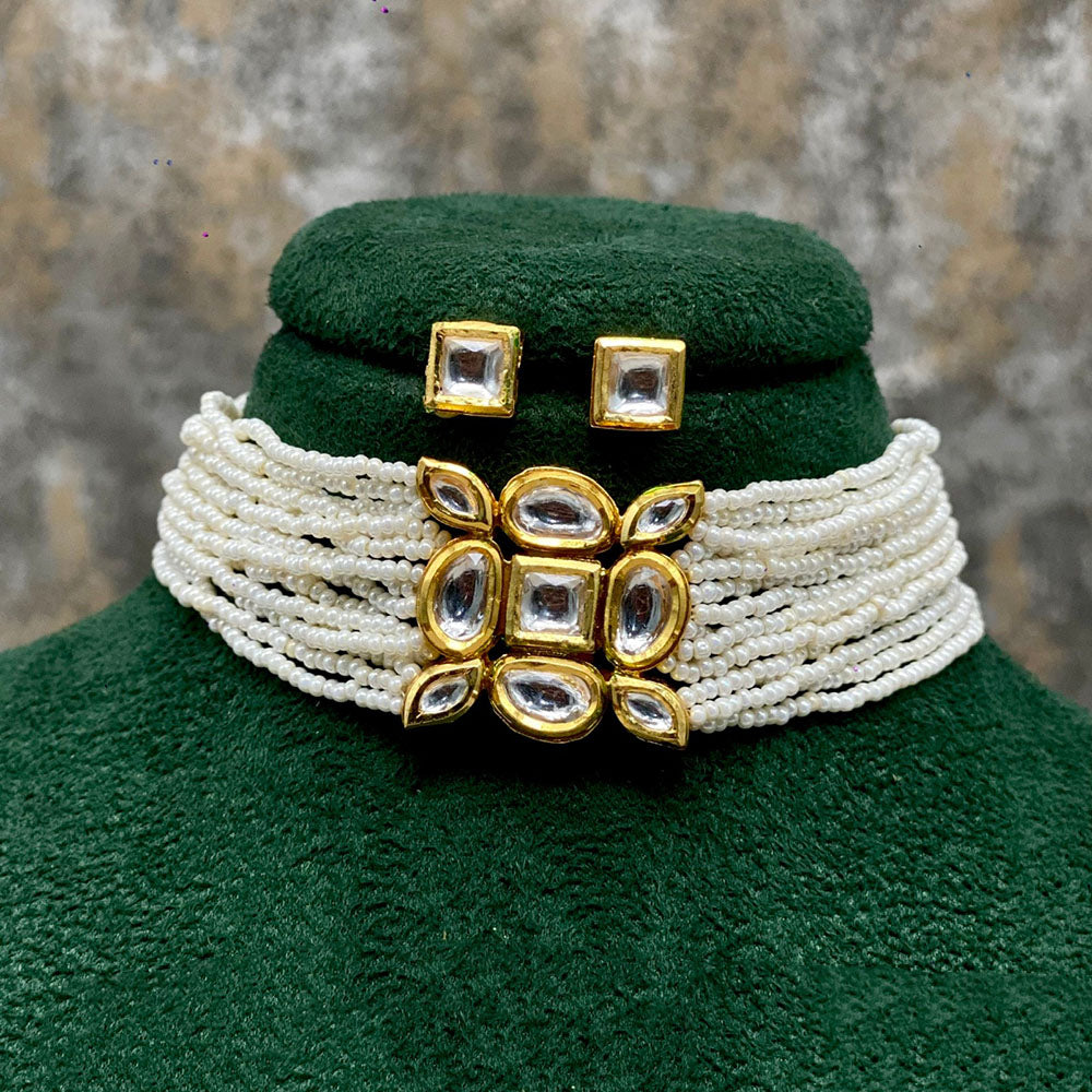 Royal Kundan Jewellery Kundan Stone And Pearl Multi Strand Choker Necklace Set