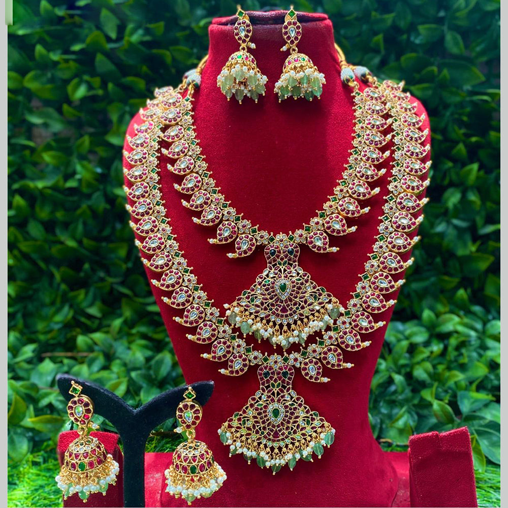 Royal Kundan Jewellery Designer Pota Stone Beads And Pearl Double Necklace Set