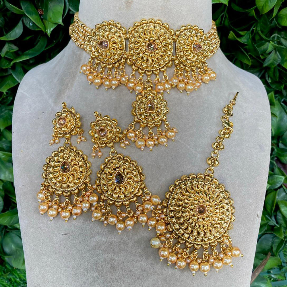 Royal Kundan Jewellery Gold Plated Crystal Stone And Beads Choker Necklace Set