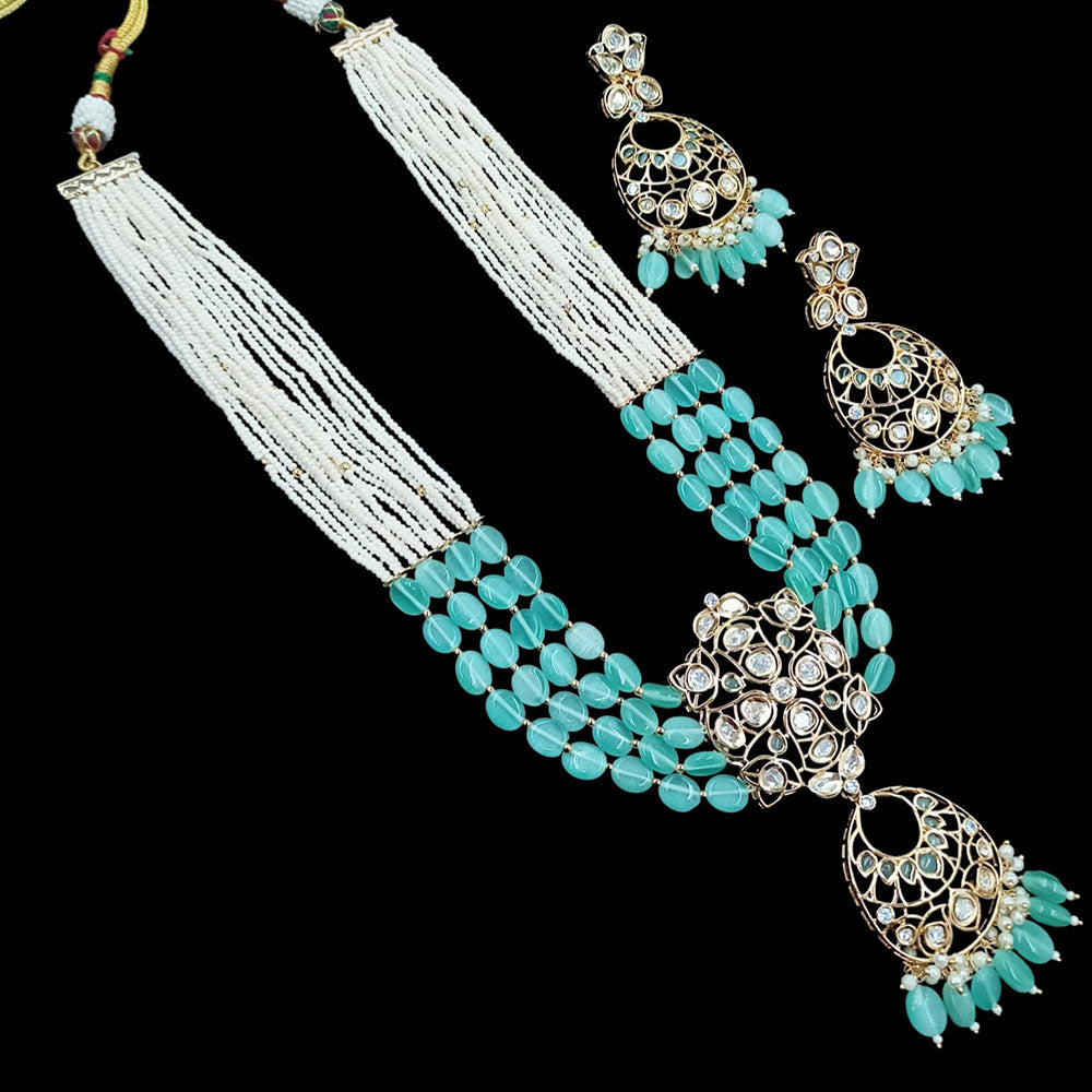 NAFJ Grand Polki Kundan Stone Pearl And Beads Long Necklace Set
