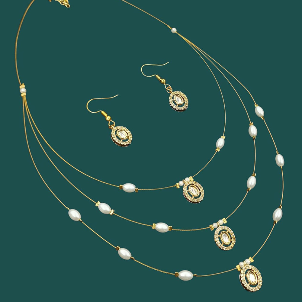 NAFJ Lightweight Multi Layer Floating Chain Crystal Stone Beads and Pearl Fancy Necklace Set for All Occasions