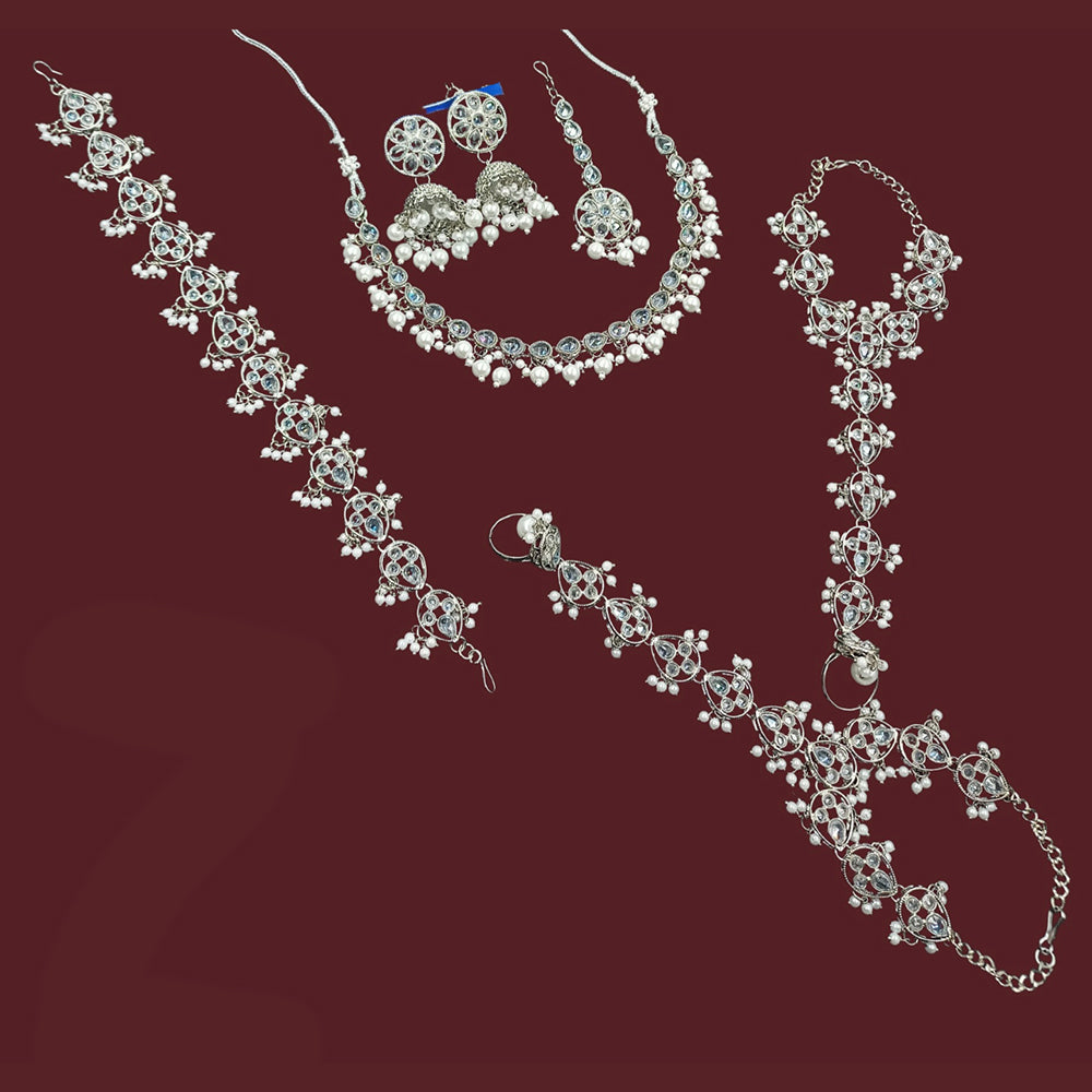 NAFJ Elegant Crystal Stone And Pearl Semi Bridal Necklace Set