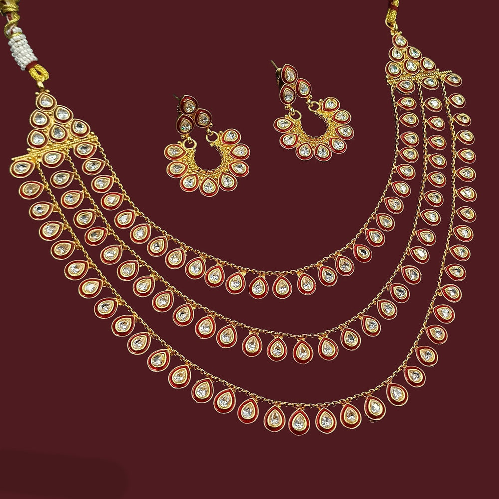 NAFJ Sparkling Crystal Stone Multi Layer Designer Meenakari Necklace Set