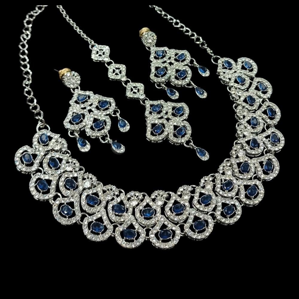 NAFJ Glamorous Crystal Stone And Austrian Stone Designer Necklace Set With Maangtikka