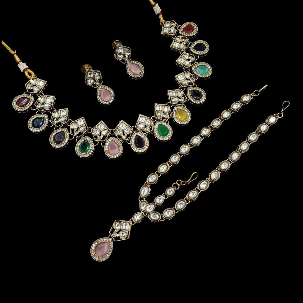 NAFJ Royal Pota Stone Necklace Set With Maangtikka