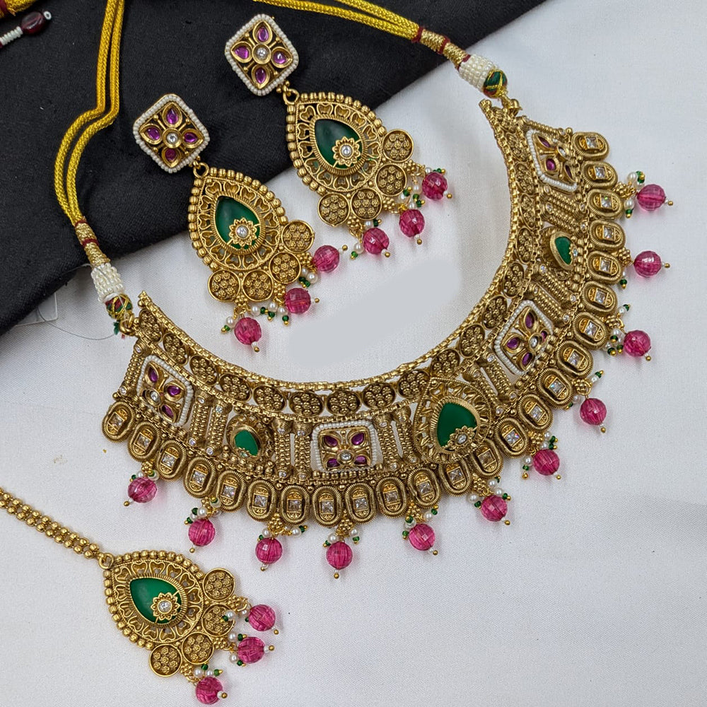 NAFJ Heavy Pota Stone And Pearl Choker Necklace Set for Women