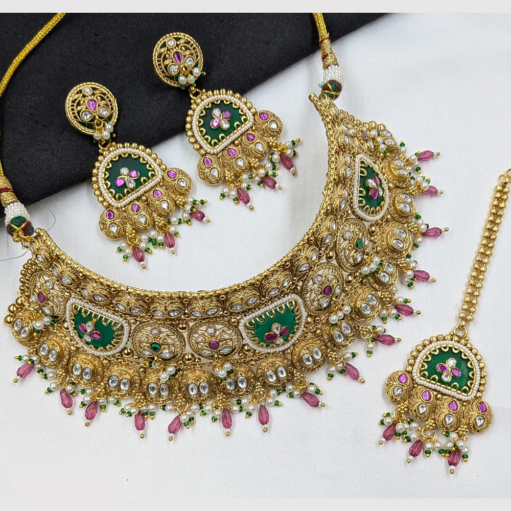 NAFJ Heavy Pota Stone And Pearl Choker Necklace Set for Women
