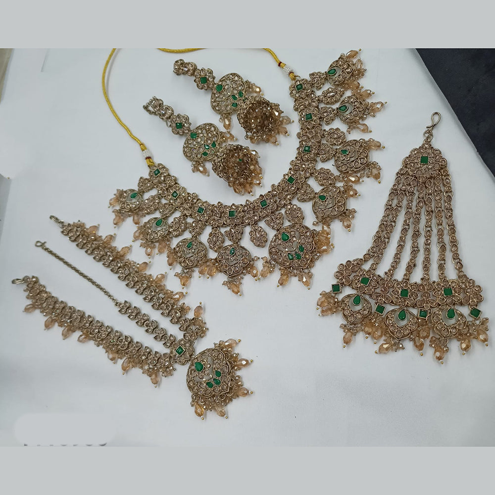 NAFJ Royal Crystal Stone And Beads Necklace Set With Earrings, Maang Tikka & Passa