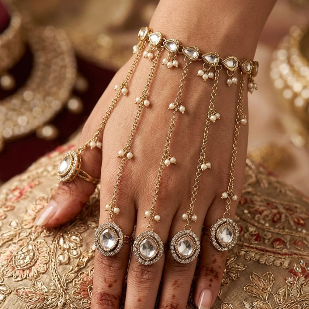 NAFJ Crystal Stone And Pearl Designer Hand Harness