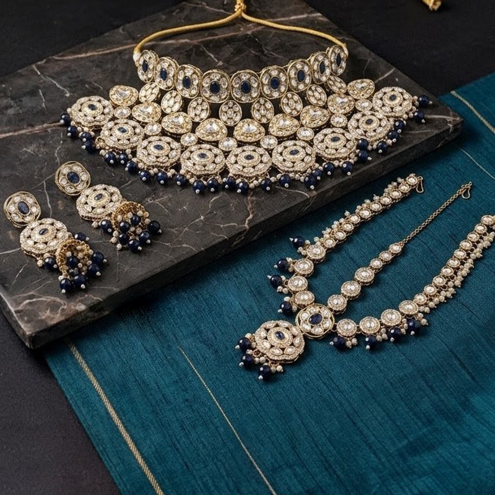 NAFJ Classic Kundan Stone Pearl And Beads Choker Necklace Set With Damini Maangtikka