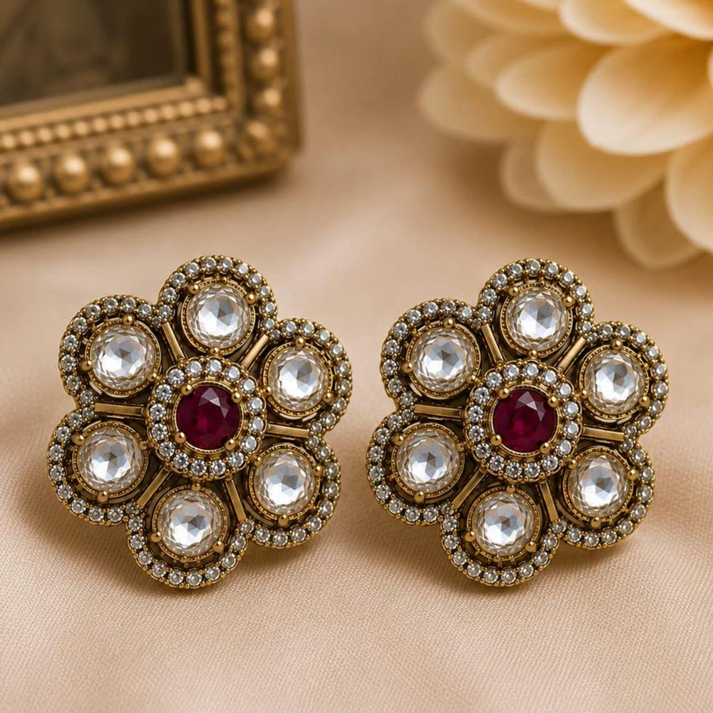 NAFJ Elegant Polki Kundan Stone Floral Stud Earrings