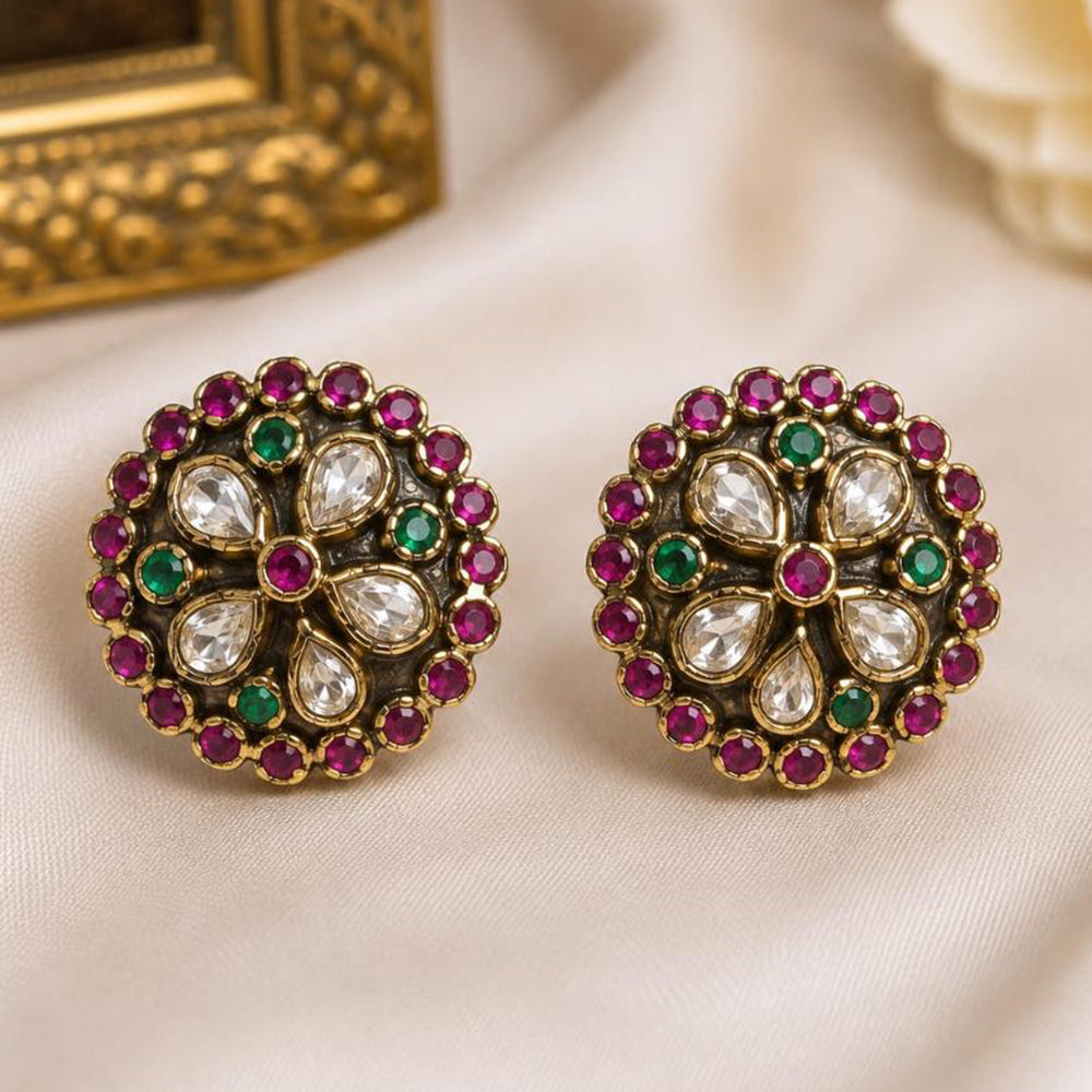 NAFJ Polki Kundan And Austrian Stone Floral Stud Earrings