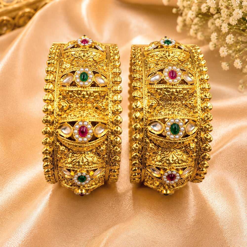 NAFJ Gold-Plated Pota Stone And Pearl Bangles Set for Women Traditional Indian Ethnic Jewelry