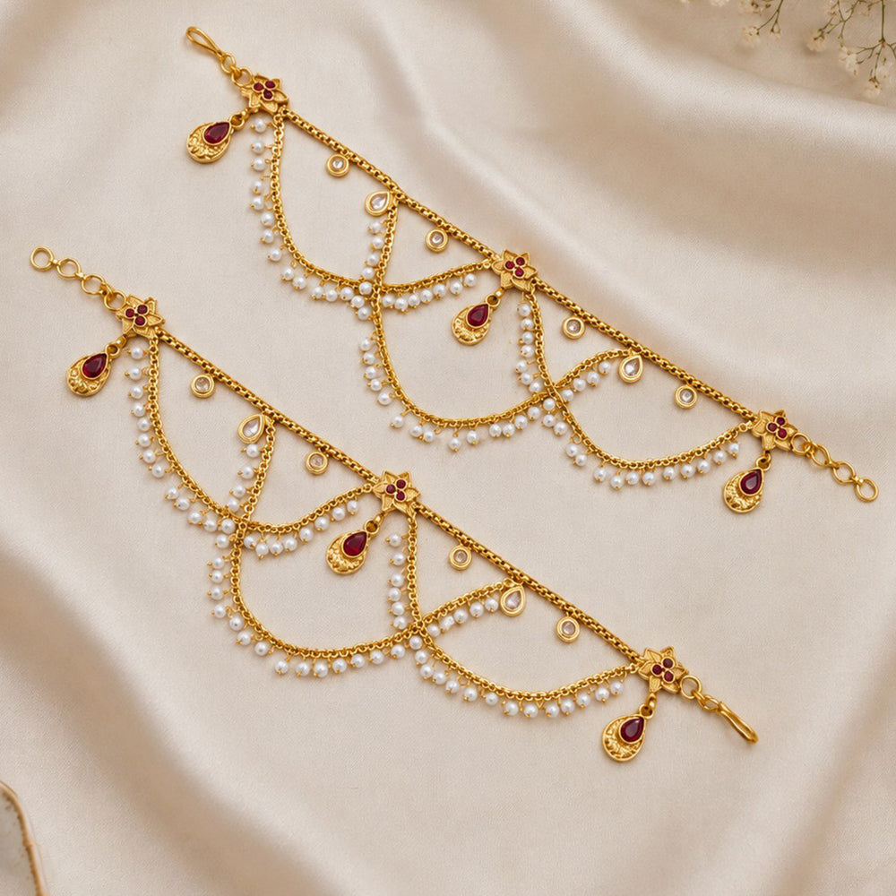 NAFJ Gold Plated Kundan Stone And Pearl Payal / Anklet
