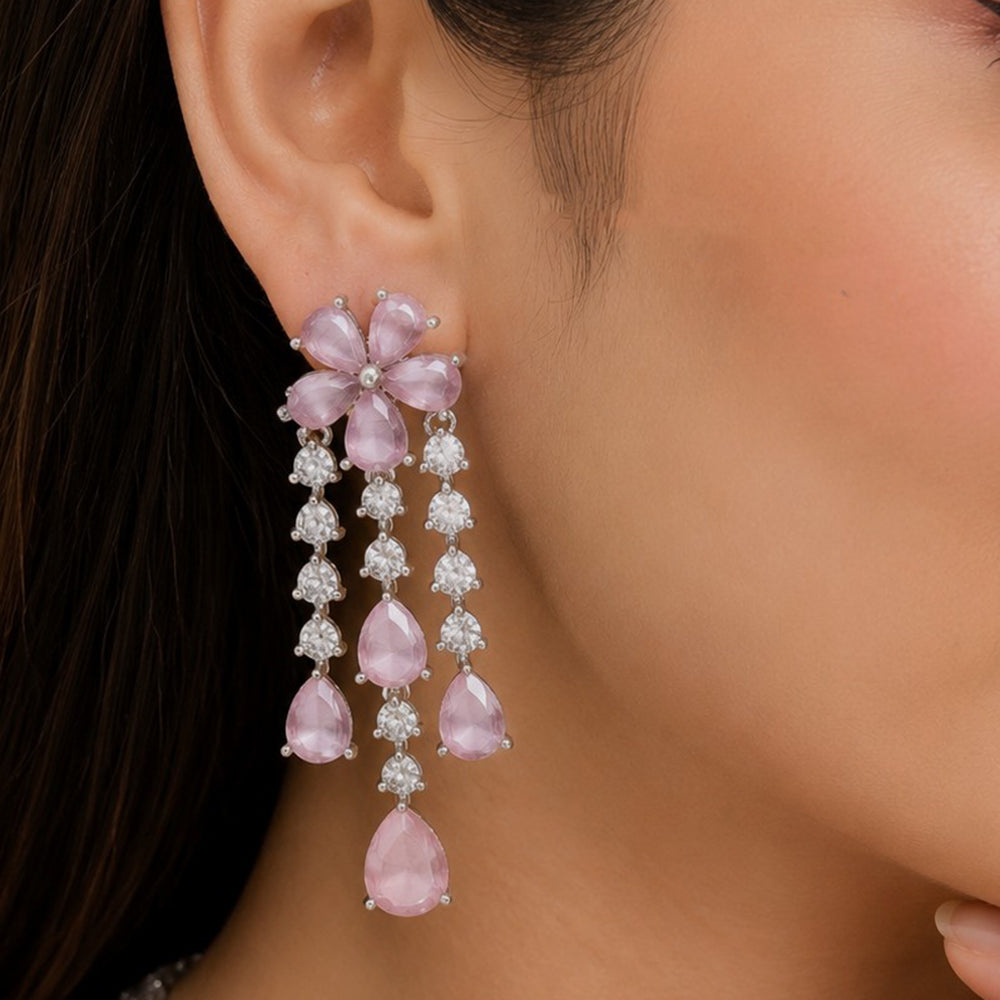 NAFJ Silver Plated Ad Stone Floral Dangler Earrings for Women