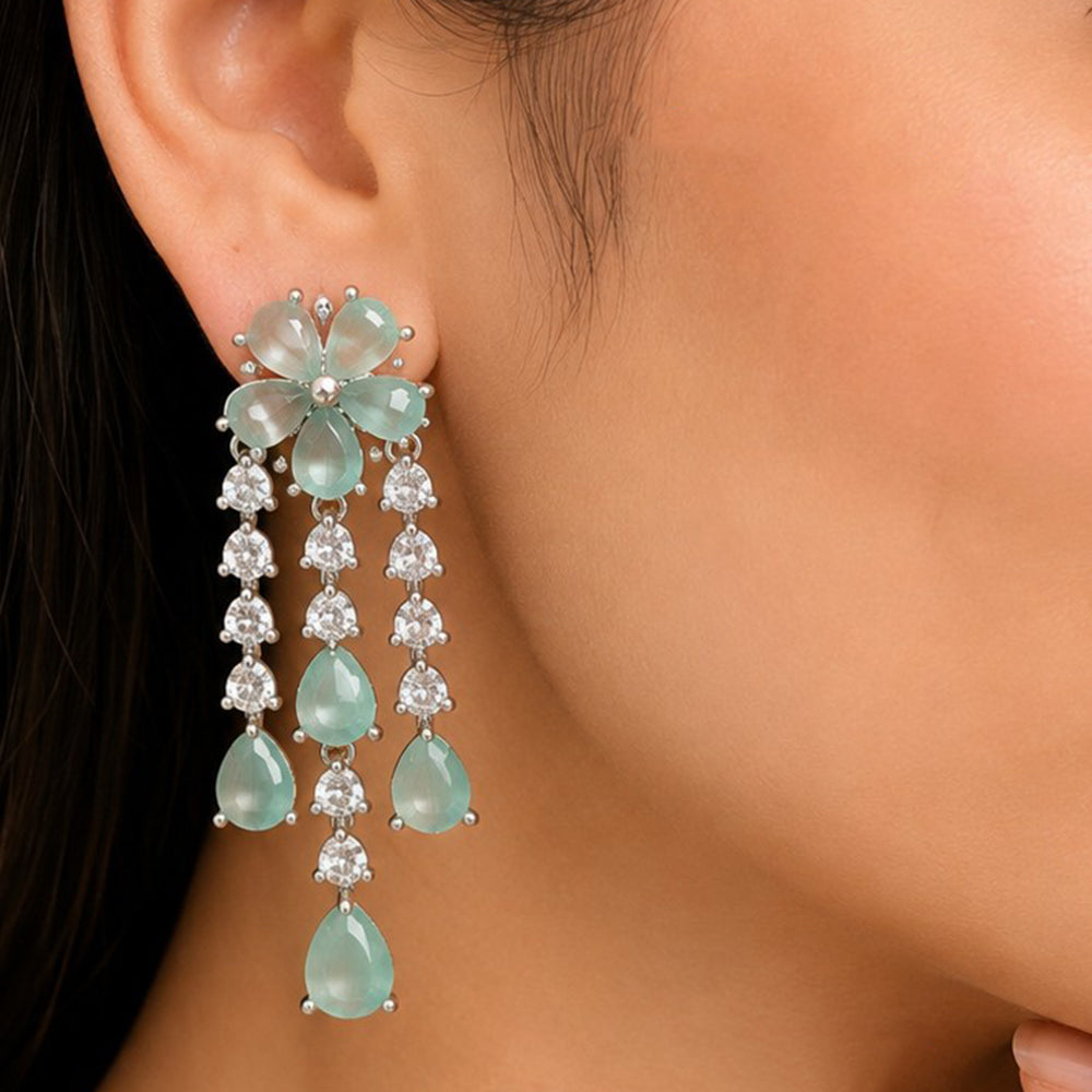 NAFJ Silver Plated Ad Stone Floral Dangler Earrings for Women
