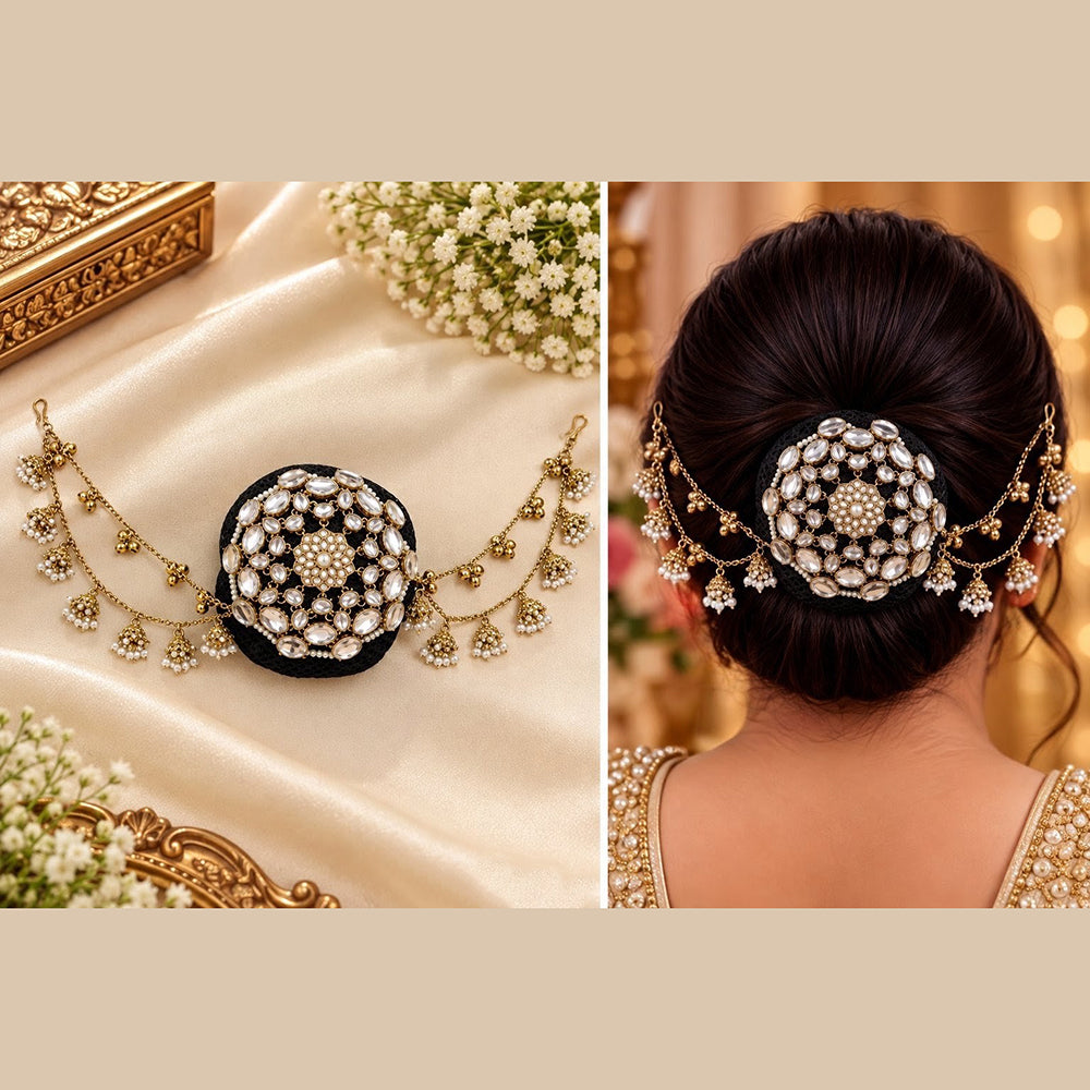 NAFJ Elegant Kundan Stone And Pearl Hair Bun Cover for Women