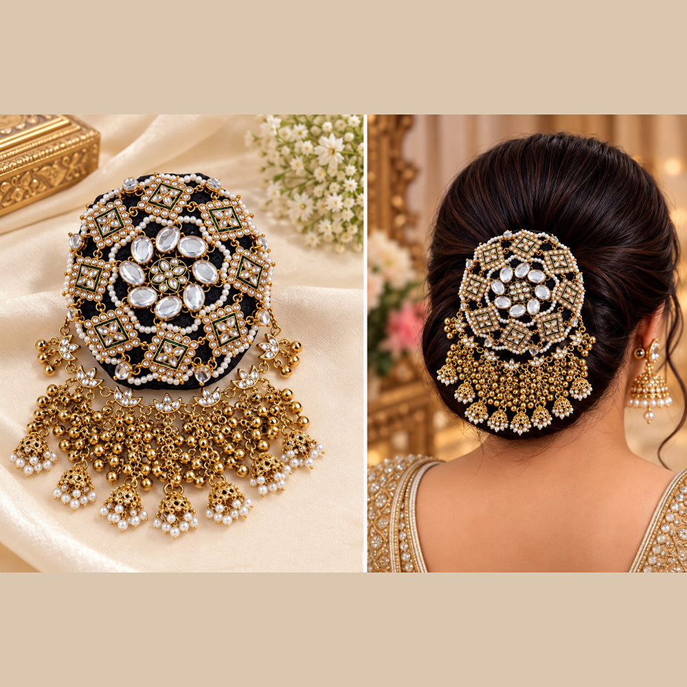 NAFJ Elegant Kundan Stone And Pearl Hair Bun Cover for Women