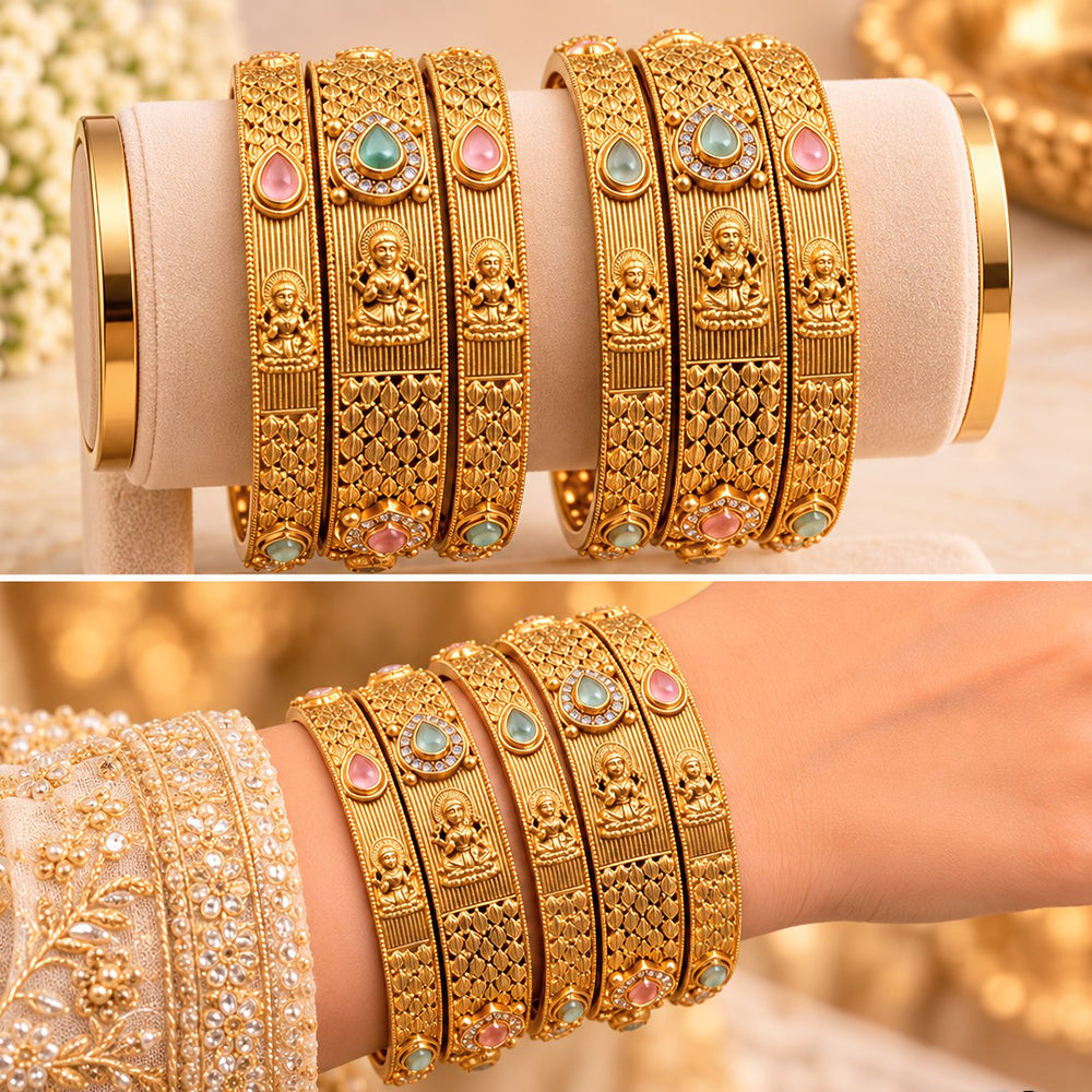 NAFJ Gold Plated Pota Stone And Temple Bangles Set for Women Traditional Indian Ethnic Jewelry