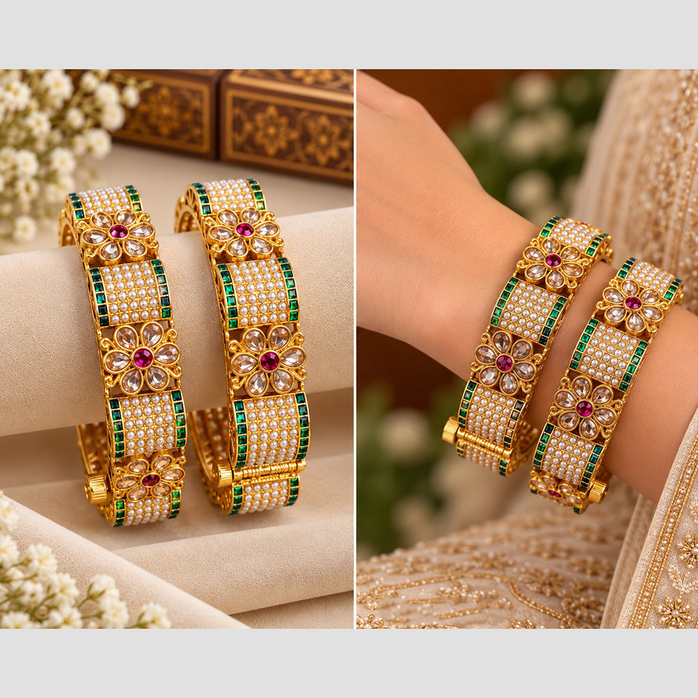 NAFJ Gold Plated Pota Stone And Pearl Bangles Set for Women