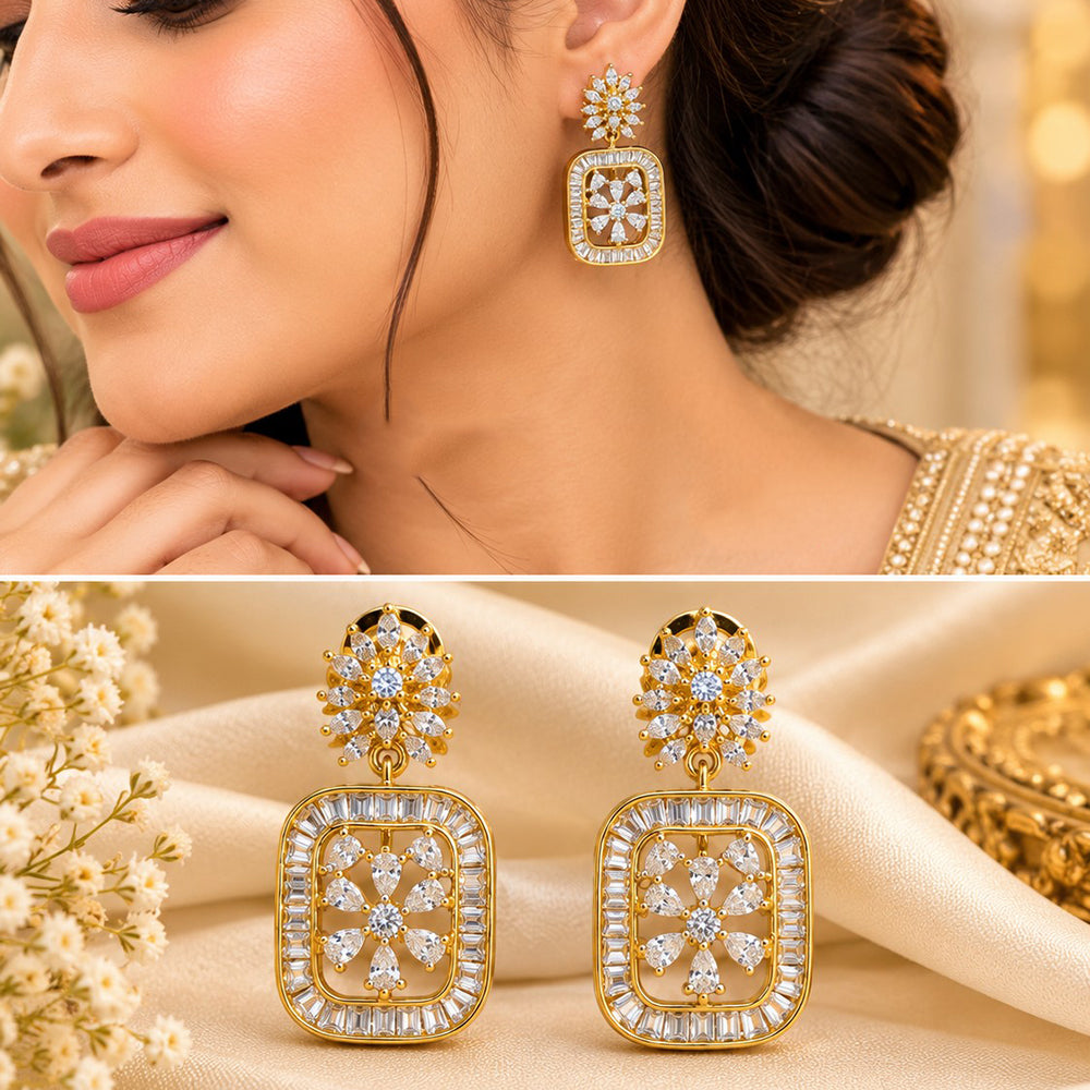 NAFJ Gold Plated AD Stone Dangler Earrings for Women