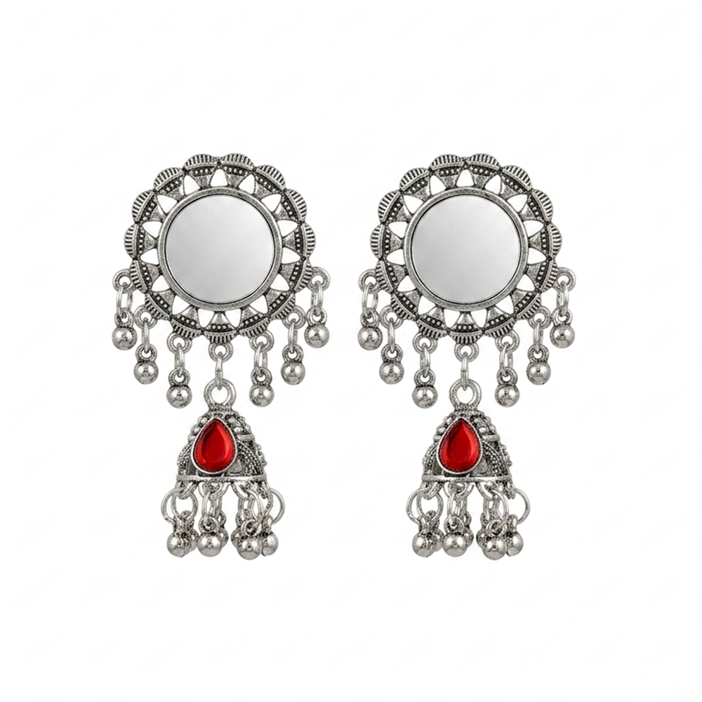 Urthn Antique Silver-Toned Oxidised Jhumki Earrings With Mirror Work(Pack of 6)