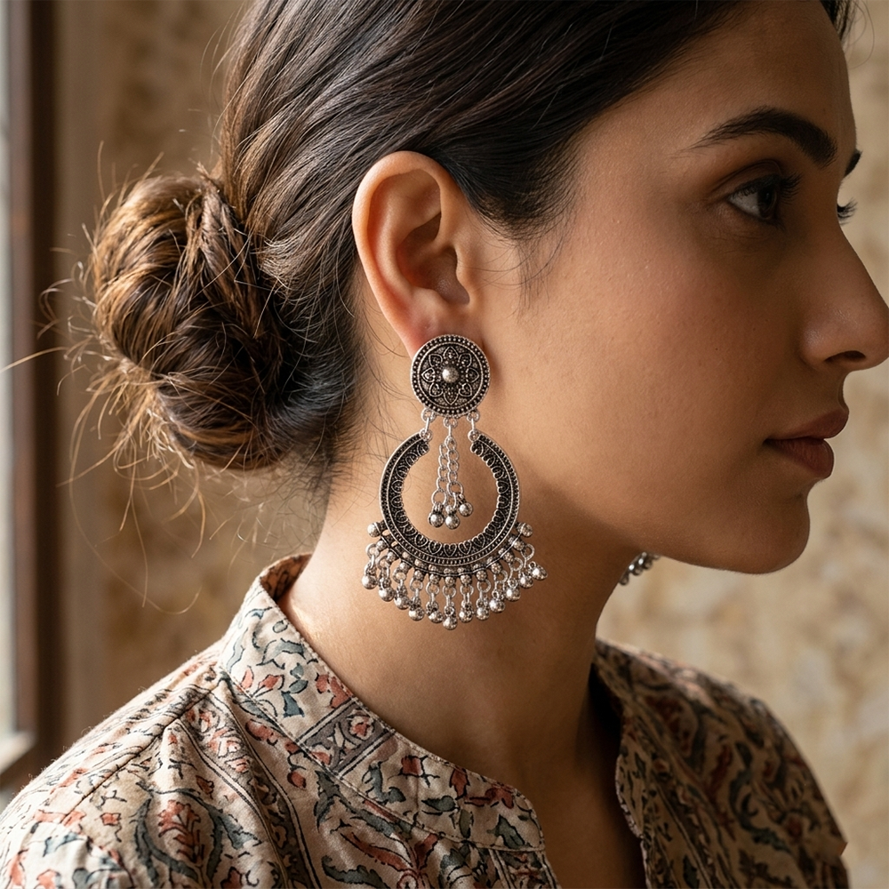 Urthn Antique Silver-Toned Oxidised Dangler Earrings(Pack of 3)